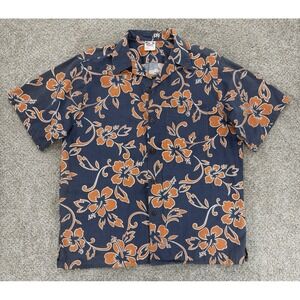 Go Barefoot Aloha Shirt Men's L Blue Orange Hibiscus Floral 100% Cotton USA Made
